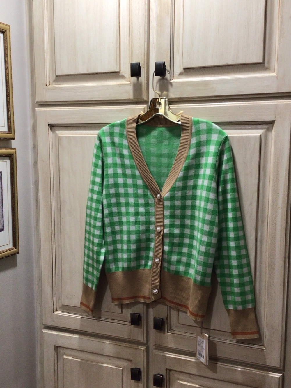 Green Gingham Cardigan with Tan Rib Trim